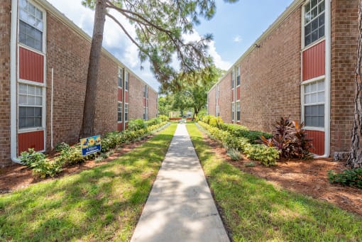 Apartment building walkway at Timberfalls Apartments