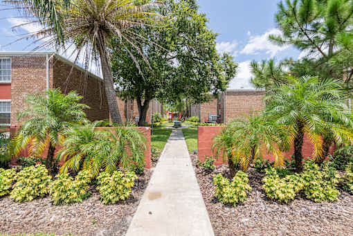 A pathway leads through a landscaped area with palm trees and shrubs.