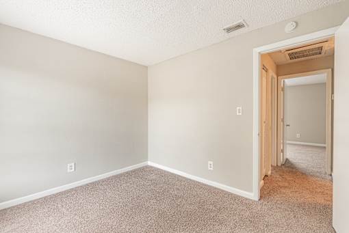 A room with a carpeted floor and a doorway leading to another room.