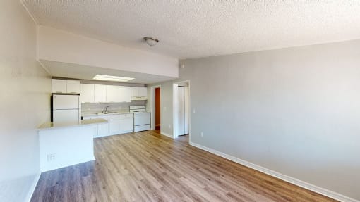 a kitchen and living room in an apartment