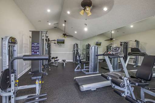 A gym with a variety of equipment including a treadmill, weights, and a bench press.