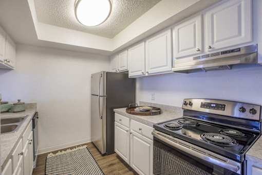 A kitchen with a stove and refrigerator.