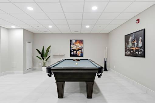 A pool table is in the middle of a room with a plant and pictures on the wall.
