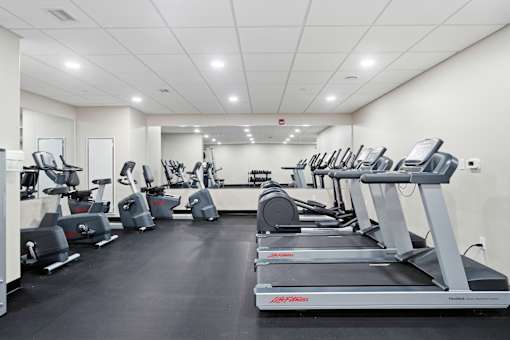 A gym with treadmills and elliptical machines.