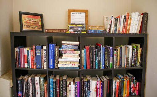 a bookcase filled with books and a bunch of books
