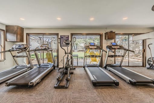 a gym with cardio equipment and windows at Cityscape, Dallas, TX