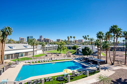 A pool surrounded by palm trees and a city skyline in the backgroundat Presidio Palms Apartments, Tucson