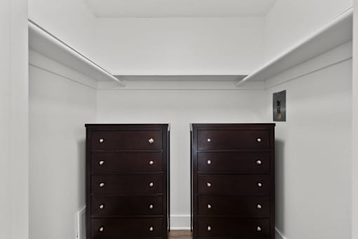 Two brown dressers sit in a closet