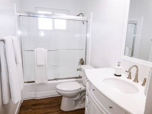 a bathroom with a toilet, sink, mirror, shower/tub combo