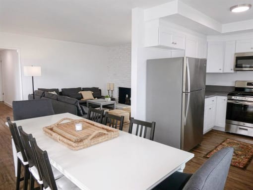 view of the kitchen, dining room, and living room