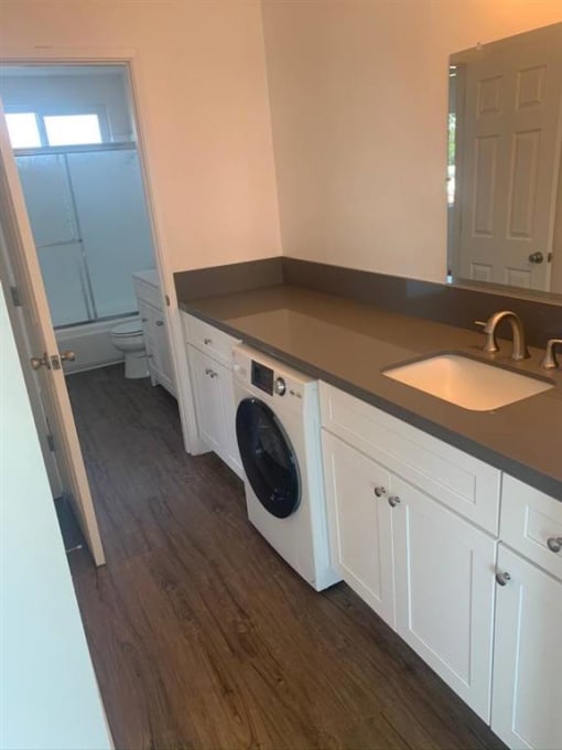 a bathroom with a sink and a washing machine