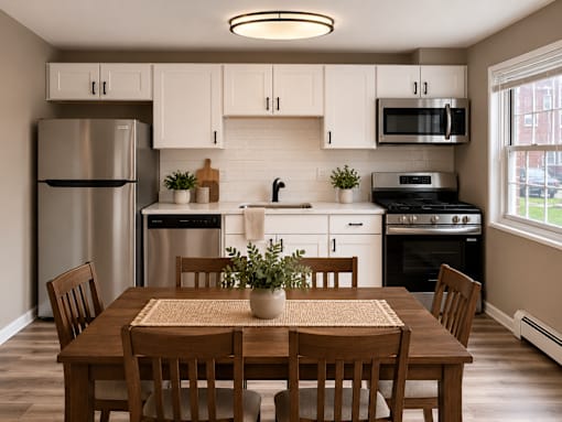 A kitchen with a table and chairs in the foreground and a refrigerator, microwave, oven, and sink in the background.