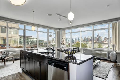 Kitchen with large island at RiversEdge, Weehawken