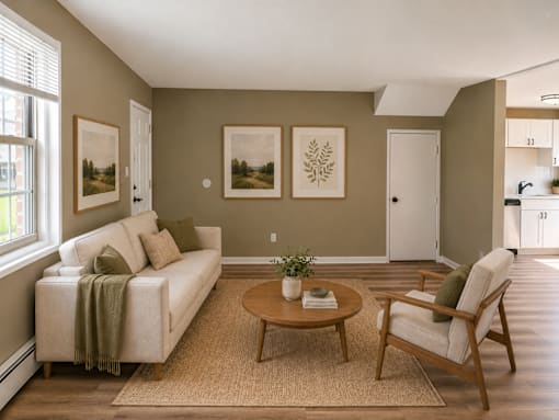 A living room with a couch, chair, and pictures on the wall.