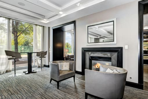 Living room with firepit at RiversEdge, New Jersey, 07086