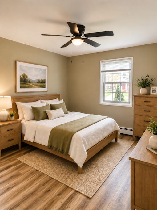A bedroom with a bed, nightstands, and a ceiling fan.