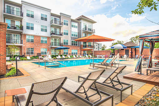 Resort style pool with sundeck and cabanas at Inwood at Renaissance Square Apartments, New Jersey, 08053