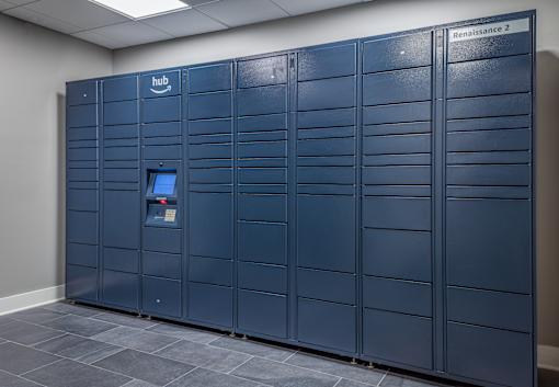 Package locker system in mail room at Inwood at Renaissance Square Apartments, Marlton, 08053