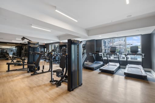 a gym with cardio machines and weights on a wooden floor