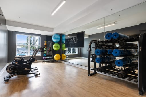 a home gym with weights and mirrors and a window