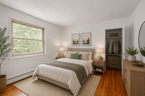 A bedroom with a large bed and a wooden dresser.