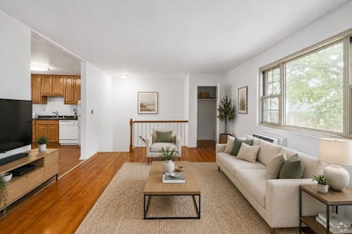 A living room with a couch, a coffee table, and a television.