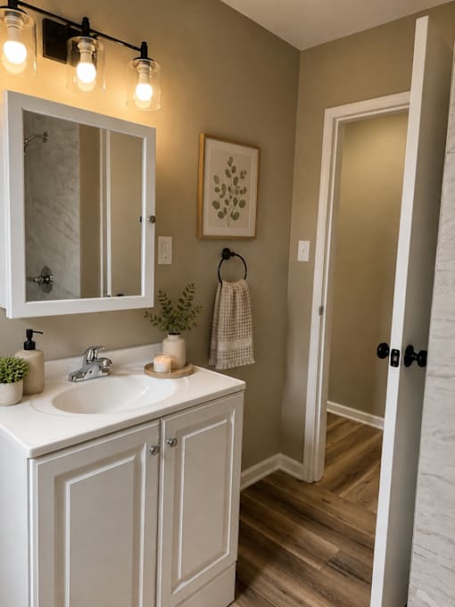 A bathroom with a white sink and a mirror above it.