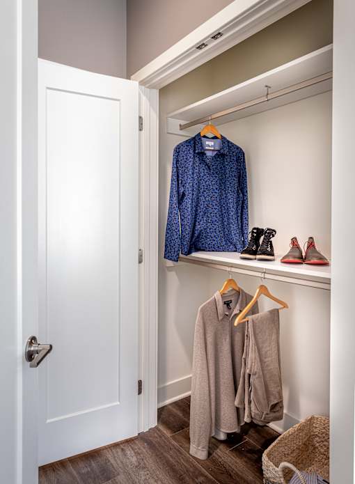Walk-in closet with led lighting and shelving at Inwood at Renaissance Square Apartments, Marlton, NJ 08053