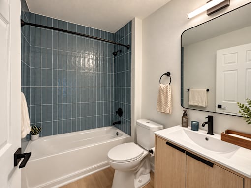 A white toilet sits next to a bathtub in a bathroom.