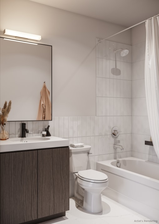 Bathrooms with Gray Vanities & Full Height Tiled Wet Walls
