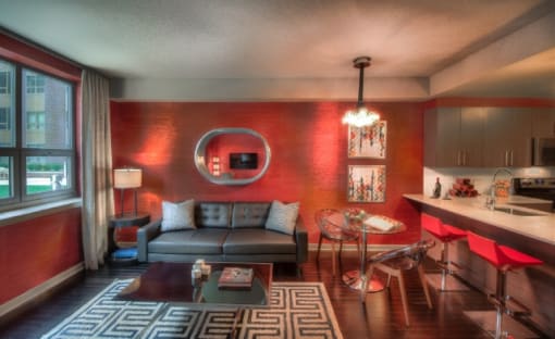 Modern apartment living room and kitchen at RiverParc Apartments, Weehawken, NJ