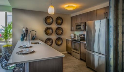 Modern kitchen with stainless steel appliances at RiverParc Apartments, Weehawken, NJ 07086