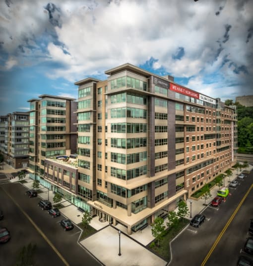 Exterior view of modern apartment building at RiverParc Apartments, Weehawken, New Jersey