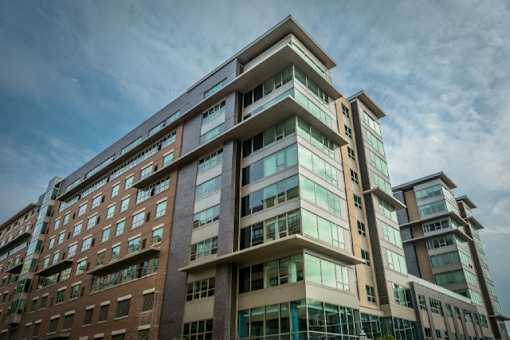 Contemporary residential building exterior at RiverParc Apartments, Weehawken, NJ