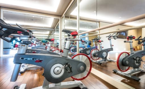 Fitness center with stationary bikes and treadmills at RiverParc Apartments, Weehawken, NJ 07086