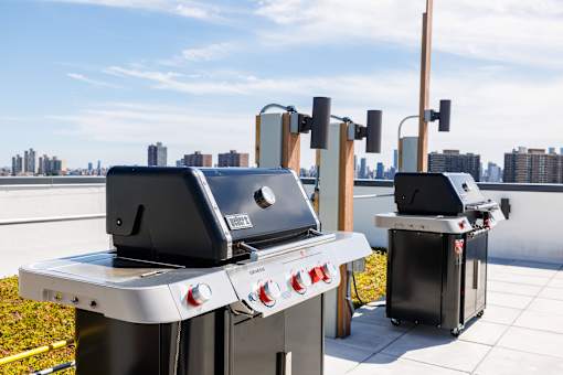 Two grills are on a patio with a city skyline in the background.