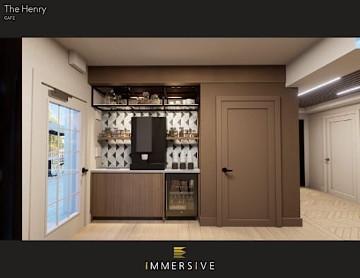 A modern bar area with a wooden cabinet and a glass display case.