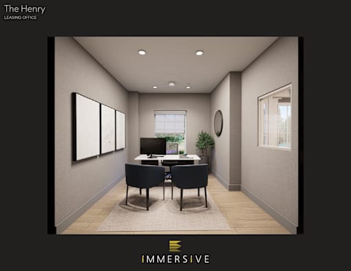 A room with a desk, chairs, and a window.