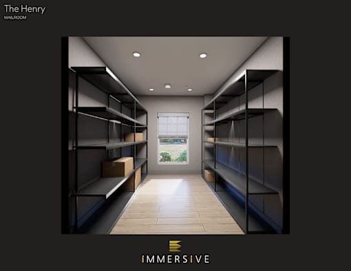 A long hallway with shelves on both sides and a window at the end.
