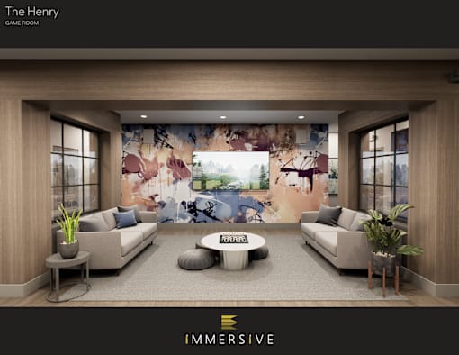 A modern living room with a large mural on the wall.