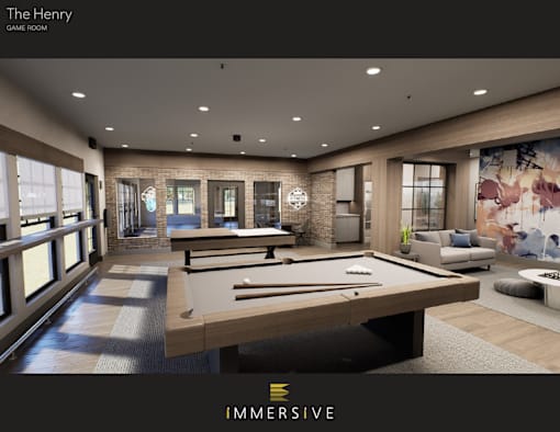 A rendering of a game room with a pool table and a billiards table.
