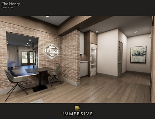 A fitness room with a brick wall and a mirror.