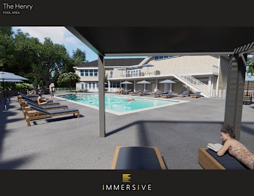 A woman is sitting by a pool in a sunny outdoor setting.