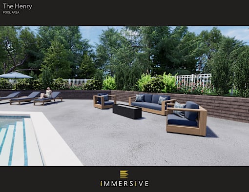 A pool area with a white and blue striped pool and a wooden bench.