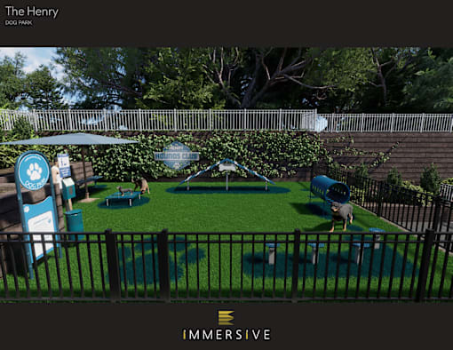 A dog park with a sign that says "The Henry" and a logo of a dog.