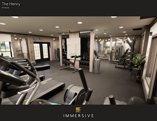 A gym with treadmills, weights, and other exercise equipment.
