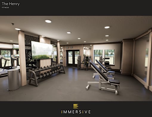 A gym with a row of dumbbells and a row of benches.