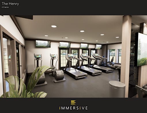 A fitness room with treadmills, exercise bikes, and other equipment.