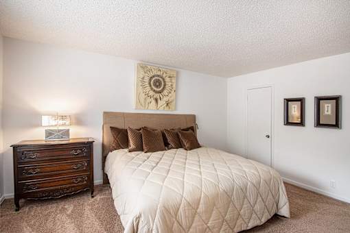 A bedroom with a large bed and a wooden dresser.