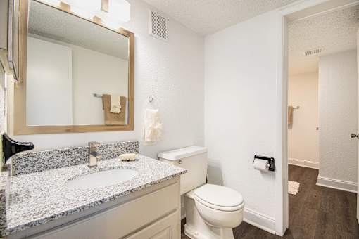 A bathroom with a toilet, sink, and mirror.